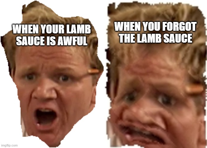 Lamb Sauce | WHEN YOU FORGOT THE LAMB SAUCE; WHEN YOUR LAMB SAUCE IS AWFUL | image tagged in chef gordon ramsay,lamb sauce | made w/ Imgflip meme maker