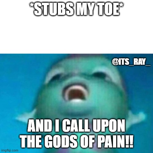 when you stub your toe | *STUBS MY TOE*; @ITS_RAY_; AND I CALL UPON THE GODS OF PAIN!! | image tagged in fuzzy blue guy,pain | made w/ Imgflip meme maker