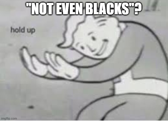 Hol up | "NOT EVEN BLACKS"? | image tagged in hol up | made w/ Imgflip meme maker
