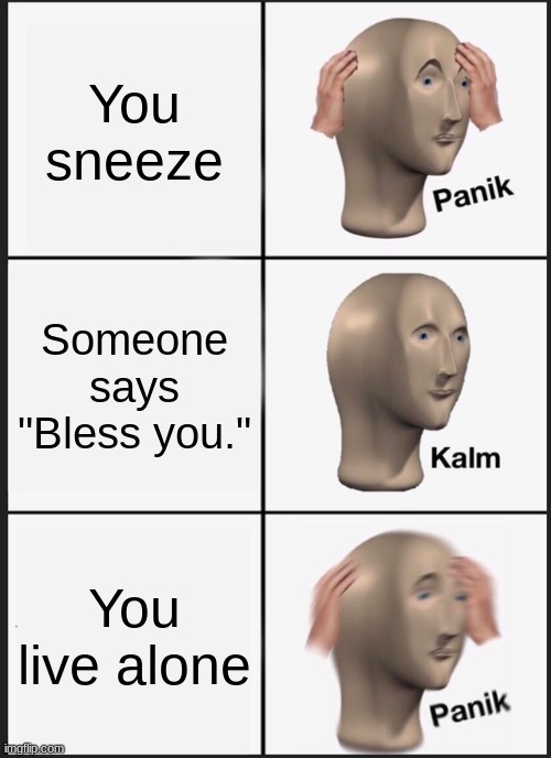 Panik Kalm Panik | You sneeze; Someone says "Bless you."; You live alone | image tagged in memes,panik kalm panik | made w/ Imgflip meme maker