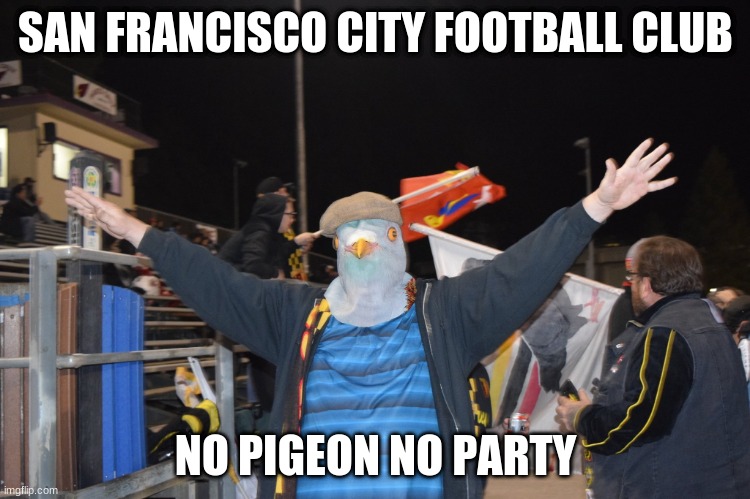 No Pigeon, No Party | SAN FRANCISCO CITY FOOTBALL CLUB; NO PIGEON NO PARTY | image tagged in supporter owned soccer teams,soccer,pigeons,sfcfc,northsiders,san francisco | made w/ Imgflip meme maker