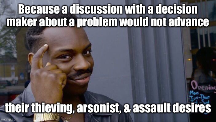 Roll Safe Think About It Meme | Because a discussion with a decision maker about a problem would not advance their thieving, arsonist, & assault desires | image tagged in memes,roll safe think about it | made w/ Imgflip meme maker