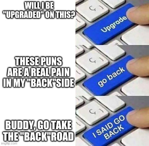 ... I said go back | WILL I BE "UPGRADED" ON THIS? THESE PUNS ARE A REAL PAIN IN MY "BACK"SIDE; BUDDY, GO TAKE THE "BACK"ROAD | image tagged in i said go back,puns | made w/ Imgflip meme maker