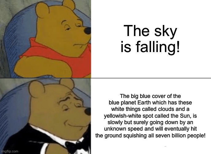 NOW I know what “Sky,” and “Falling” is!!!!! | The sky is falling! The big blue cover of the blue planet Earth which has these white things called clouds and a yellowish-white spot called the Sun, is slowly but surely going down by an unknown speed and will eventually hit the ground squishing all seven billion people! | image tagged in memes,tuxedo winnie the pooh,chicken little,sky,falling,stop reading the tags | made w/ Imgflip meme maker