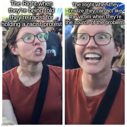 Triggered hypocrite feminist | The Right when they're being told they're racist for holding a racist protest The Right when they realize they can act like the victim when  | image tagged in triggered hypocrite feminist | made w/ Imgflip meme maker