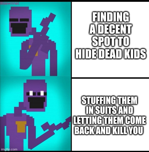 Drake Hotline Bling Meme FNAF EDITION | FINDING A DECENT SPOT TO HIDE DEAD KIDS; STUFFING THEM IN SUITS AND LETTING THEM COME BACK AND KILL YOU | image tagged in drake hotline bling meme fnaf edition | made w/ Imgflip meme maker