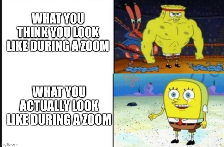 Strong Vs Weak Spongebob | WHAT YOU THINK YOU LOOK LIKE DURING A ZOOM; WHAT YOU ACTUALLY LOOK LIKE DURING A ZOOM | image tagged in strong vs weak spongebob | made w/ Imgflip meme maker