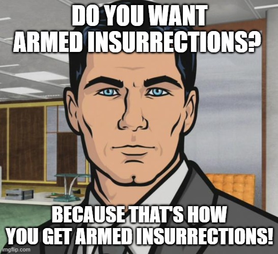 Do you want armed insurrections? | DO YOU WANT ARMED INSURRECTIONS? BECAUSE THAT'S HOW YOU GET ARMED INSURRECTIONS! | image tagged in memes,archer | made w/ Imgflip meme maker