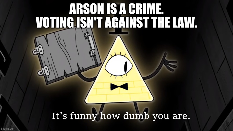 It's Funny How Dumb You Are Bill Cipher | ARSON IS A CRIME. VOTING ISN'T AGAINST THE LAW. | image tagged in it's funny how dumb you are bill cipher | made w/ Imgflip meme maker