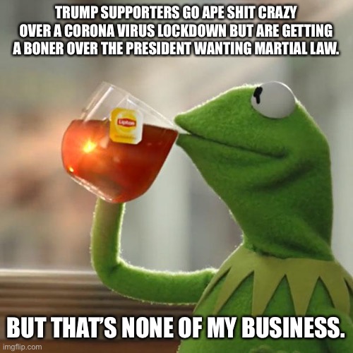 Some people need to stop acting so stupid | TRUMP SUPPORTERS GO APE SHIT CRAZY OVER A CORONA VIRUS LOCKDOWN BUT ARE GETTING A BONER OVER THE PRESIDENT WANTING MARTIAL LAW. BUT THAT’S NONE OF MY BUSINESS. | image tagged in memes,but that's none of my business,kermit the frog,martial law | made w/ Imgflip meme maker