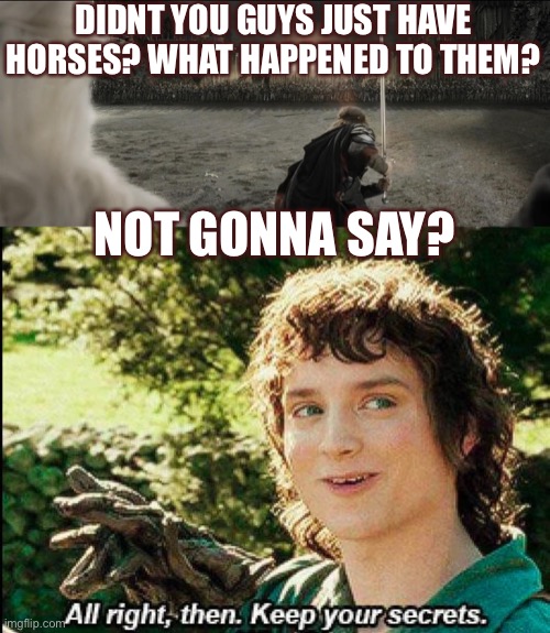 DIDNT YOU GUYS JUST HAVE HORSES? WHAT HAPPENED TO THEM? NOT GONNA SAY? | image tagged in keep your secrets,lotr final battle | made w/ Imgflip meme maker