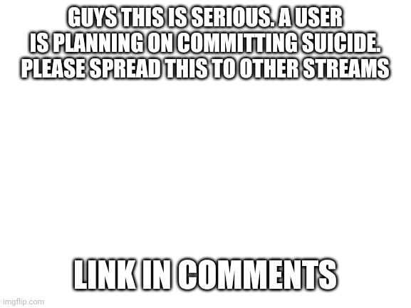 Please don't let this sit | GUYS THIS IS SERIOUS. A USER IS PLANNING ON COMMITTING SUICIDE. PLEASE SPREAD THIS TO OTHER STREAMS; LINK IN COMMENTS | image tagged in blank white template | made w/ Imgflip meme maker