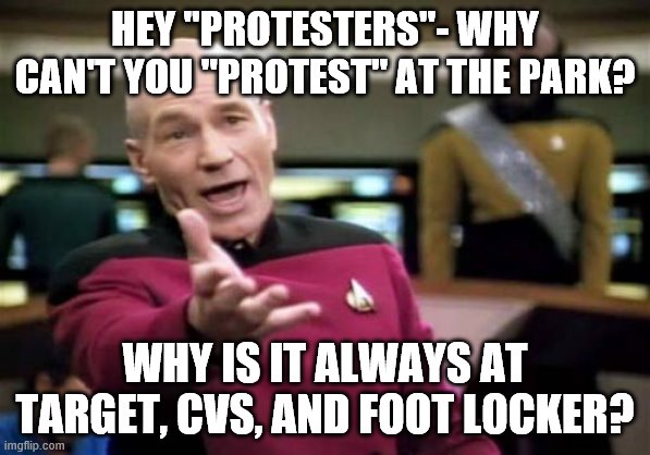Picard Wtf Meme | HEY "PROTESTERS"- WHY CAN'T YOU "PROTEST" AT THE PARK? WHY IS IT ALWAYS AT TARGET, CVS, AND FOOT LOCKER? | image tagged in memes,picard wtf | made w/ Imgflip meme maker