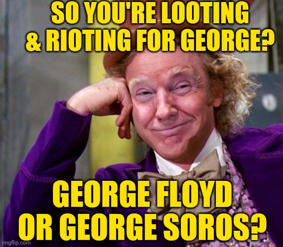 Donald Trump Wonka | SO YOU'RE LOOTING & RIOTING FOR GEORGE? GEORGE FLOYD OR GEORGE SOROS? | image tagged in donald trump wonka | made w/ Imgflip meme maker
