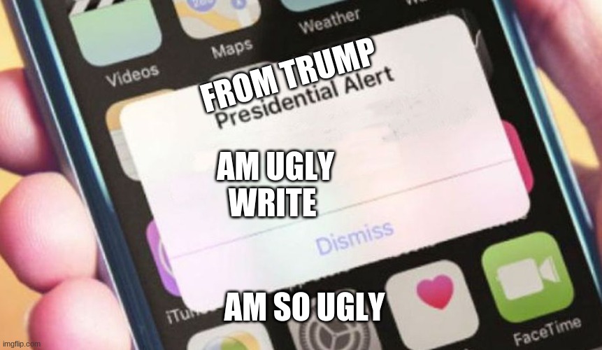 trump remembering hes ugly | FROM TRUMP; AM UGLY WRITE; AM SO UGLY | image tagged in memes,presidential alert | made w/ Imgflip meme maker