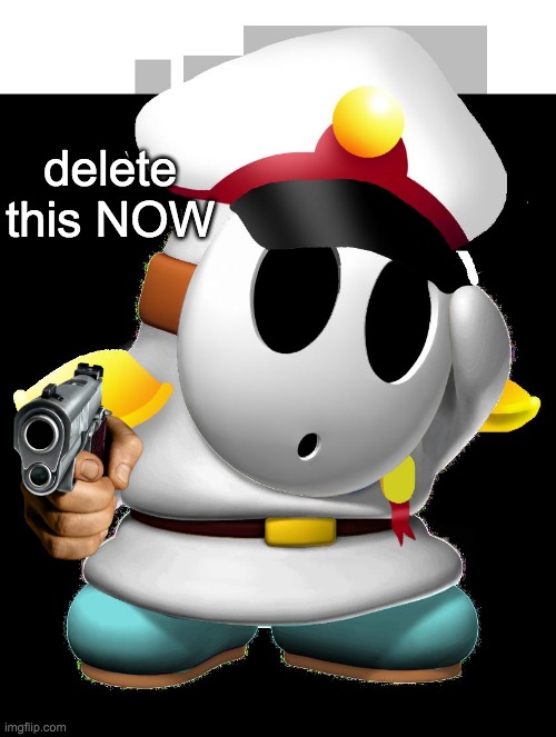 General Shy Guy Paper Mario | delete this NOW | image tagged in general shy guy paper mario | made w/ Imgflip meme maker