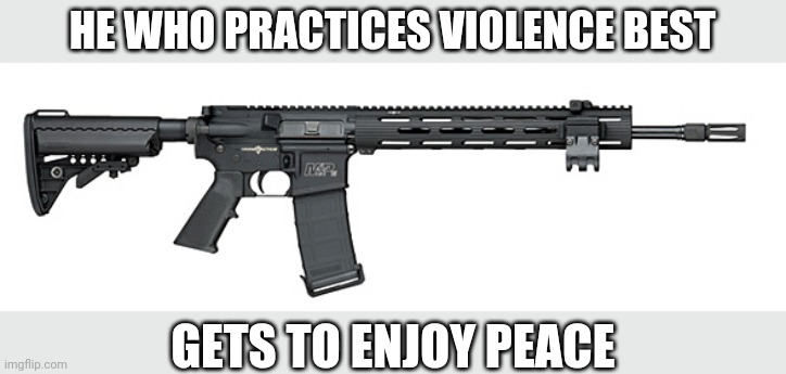 S&W Assault Rifle | HE WHO PRACTICES VIOLENCE BEST GETS TO ENJOY PEACE | image tagged in sw assault rifle | made w/ Imgflip meme maker