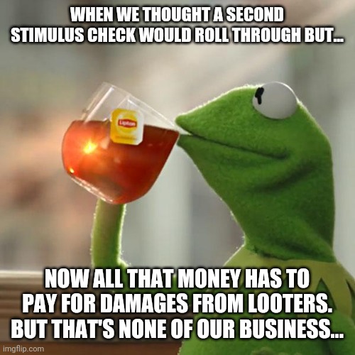 But That's None Of My Business | WHEN WE THOUGHT A SECOND STIMULUS CHECK WOULD ROLL THROUGH BUT... NOW ALL THAT MONEY HAS TO PAY FOR DAMAGES FROM LOOTERS. BUT THAT'S NONE OF OUR BUSINESS... | image tagged in memes,but that's none of my business,kermit the frog | made w/ Imgflip meme maker