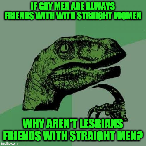IF GAY MEN ARE ALWAYS FRIENDS WITH WITH STRAIGHT WOMEN WHY AREN'T LESBIANS FRIENDS WITH STRAIGHT MEN? | image tagged in memes,philosoraptor | made w/ Imgflip meme maker