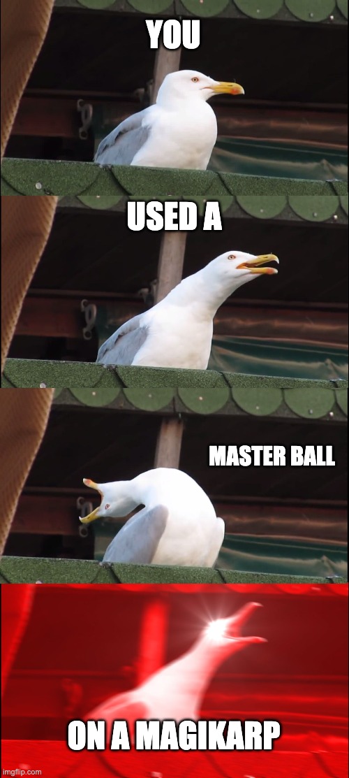 Inhaling Seagull Meme | YOU; USED A; MASTER BALL; ON A MAGIKARP | image tagged in memes,inhaling seagull | made w/ Imgflip meme maker