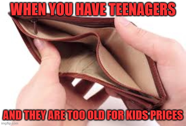 Too old for kids prices | WHEN YOU HAVE TEENAGERS; AND THEY ARE TOO OLD FOR KIDS PRICES | image tagged in no money,teenagers | made w/ Imgflip meme maker
