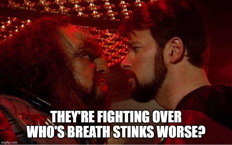 24th C Stare Down | THEY'RE FIGHTING OVER WHO'S BREATH STINKS WORSE? | image tagged in riker klingon face to face | made w/ Imgflip meme maker