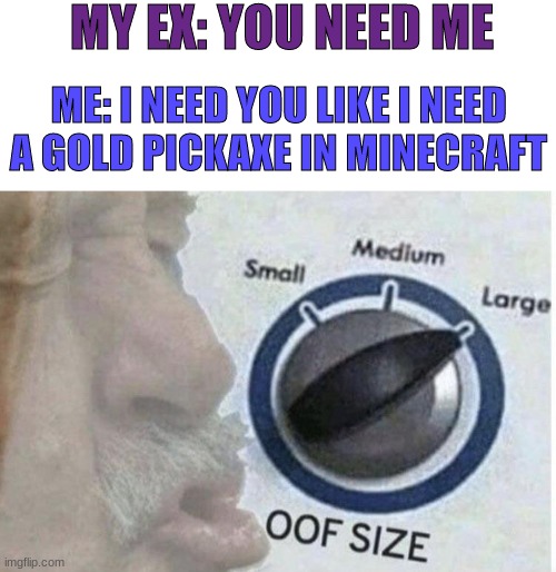 I actually had this comvo xD | MY EX: YOU NEED ME; ME: I NEED YOU LIKE I NEED A GOLD PICKAXE IN MINECRAFT | image tagged in oof size large,minecraft,memes,funny,oh wow are you actually reading these tags | made w/ Imgflip meme maker