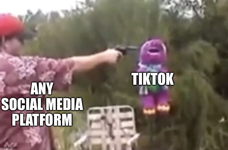 Tick took die | ANY SOCIAL MEDIA PLATFORM; TIKTOK | image tagged in die barny,oh no,tik tok | made w/ Imgflip meme maker