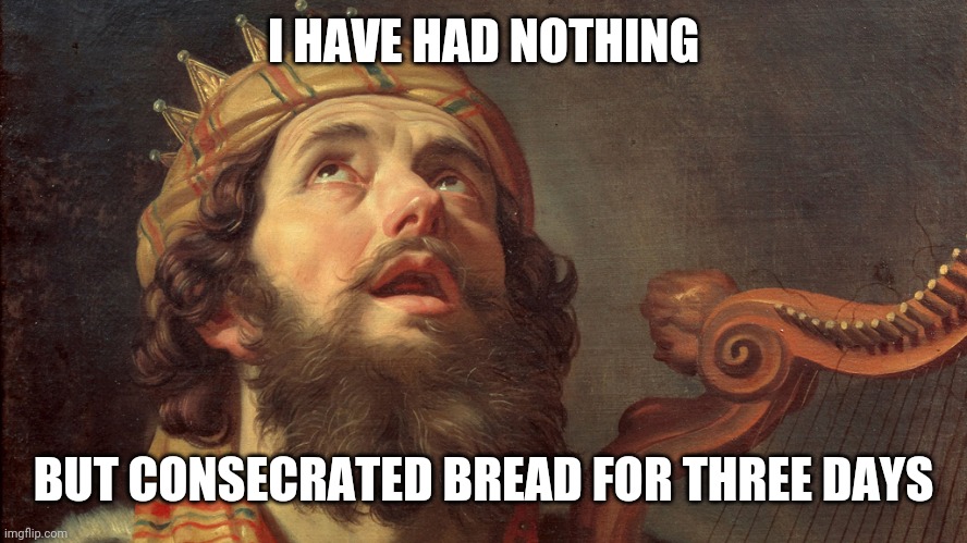 King David Psalms | I HAVE HAD NOTHING BUT CONSECRATED BREAD FOR THREE DAYS | image tagged in king david psalms | made w/ Imgflip meme maker