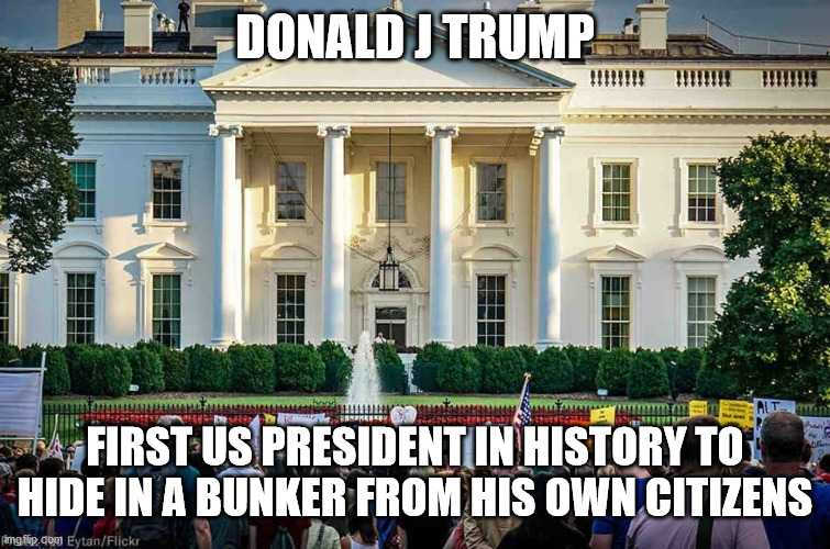 Trump Bunker | DONALD J TRUMP; FIRST US PRESIDENT IN HISTORY TO HIDE IN A BUNKER FROM HIS OWN CITIZENS | image tagged in white house,kenji | made w/ Imgflip meme maker