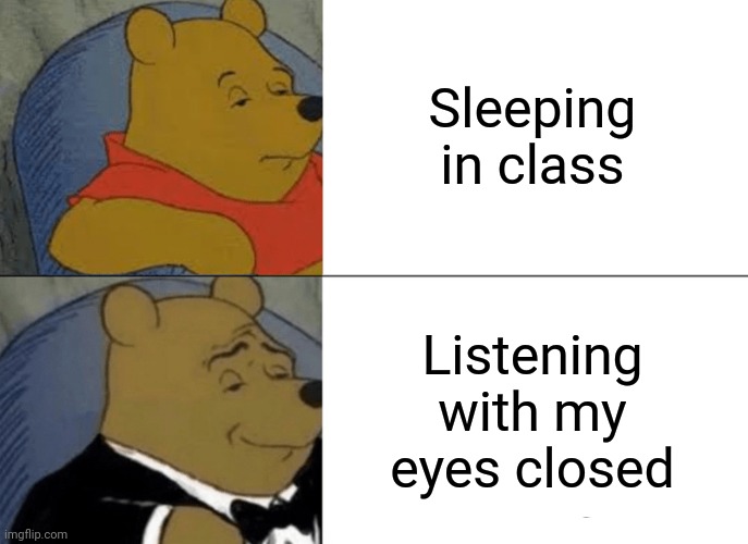 Online classes be like | Sleeping in class; Listening with my eyes closed | image tagged in memes,tuxedo winnie the pooh,online school | made w/ Imgflip meme maker