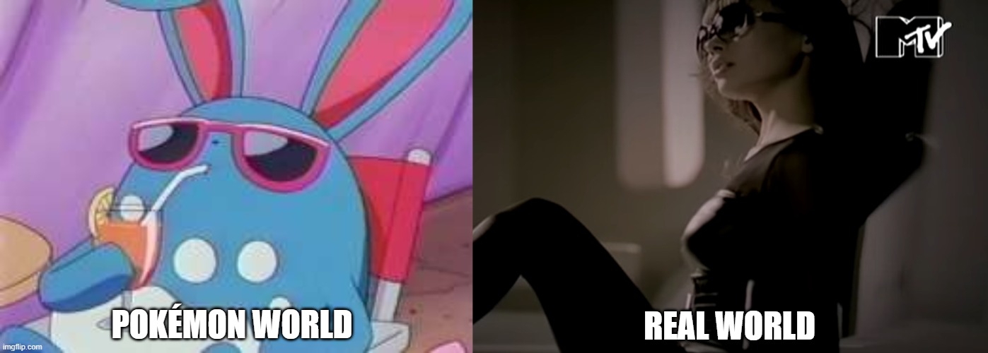 Pokémon World vs. the Real World | REAL WORLD; POKÉMON WORLD | image tagged in pokemon deal with it,memes,comparison,real world,azumarill,kpop | made w/ Imgflip meme maker