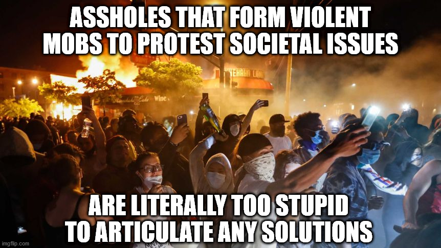 Protesters | ASSHOLES THAT FORM VIOLENT MOBS TO PROTEST SOCIETAL ISSUES; ARE LITERALLY TOO STUPID TO ARTICULATE ANY SOLUTIONS | image tagged in riotersnodistancing | made w/ Imgflip meme maker