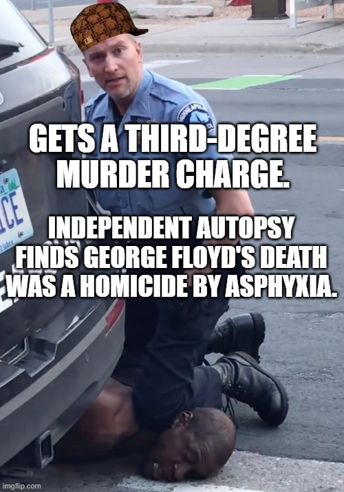 Gets a third-degree murder charge. Independent autopsy finds George Floyd's death was a homicide by asphyxia. | GETS A THIRD-DEGREE MURDER CHARGE. INDEPENDENT AUTOPSY FINDS GEORGE FLOYD'S DEATH WAS A HOMICIDE BY ASPHYXIA. | image tagged in derek chauvinist pig | made w/ Imgflip meme maker