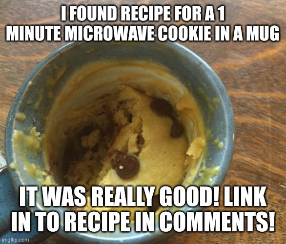 I FOUND RECIPE FOR A 1 MINUTE MICROWAVE COOKIE IN A MUG; IT WAS REALLY GOOD! LINK IN TO RECIPE IN COMMENTS! | made w/ Imgflip meme maker