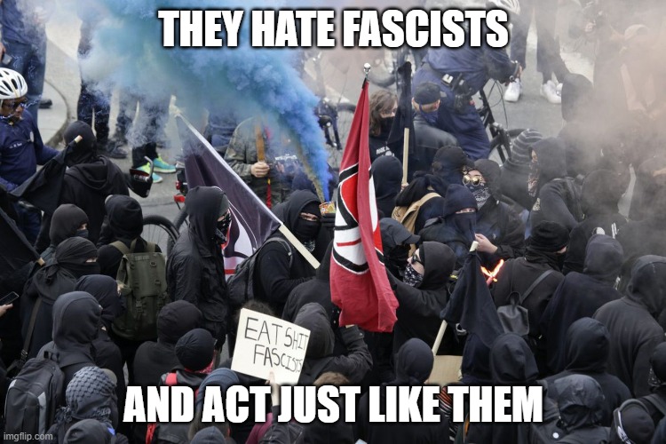 Antifa are Fascists | THEY HATE FASCISTS; AND ACT JUST LIKE THEM | image tagged in real fascists,antifa,violence,politics | made w/ Imgflip meme maker