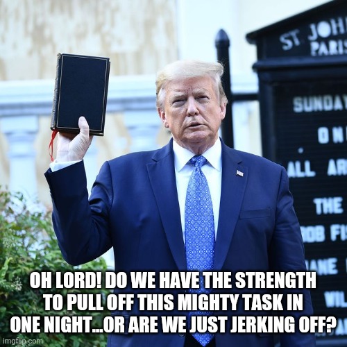 Trump bible | OH LORD! DO WE HAVE THE STRENGTH TO PULL OFF THIS MIGHTY TASK IN ONE NIGHT...OR ARE WE JUST JERKING OFF? | image tagged in trump | made w/ Imgflip meme maker