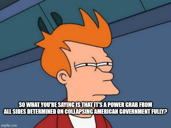Futurama Fry | SO WHAT YOU'RE SAYING IS THAT IT'S A POWER GRAB FROM ALL SIDES DETERMINED ON COLLAPSING AMERICAN GOVERNMENT FULLY? | image tagged in memes,futurama fry | made w/ Imgflip meme maker