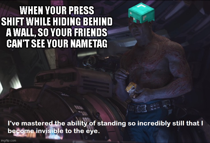 me in minecraft | WHEN YOUR PRESS SHIFT WHILE HIDING BEHIND A WALL, SO YOUR FRIENDS CAN'T SEE YOUR NAMETAG | image tagged in invisible drax,minecraft | made w/ Imgflip meme maker