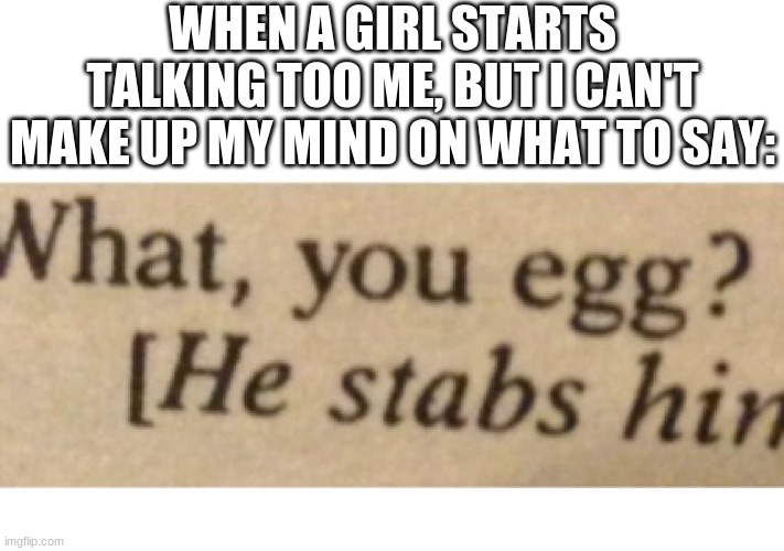 WHEN A GIRL STARTS TALKING TOO ME, BUT I CAN'T MAKE UP MY MIND ON WHAT TO SAY: | image tagged in memes,shakespeare | made w/ Imgflip meme maker