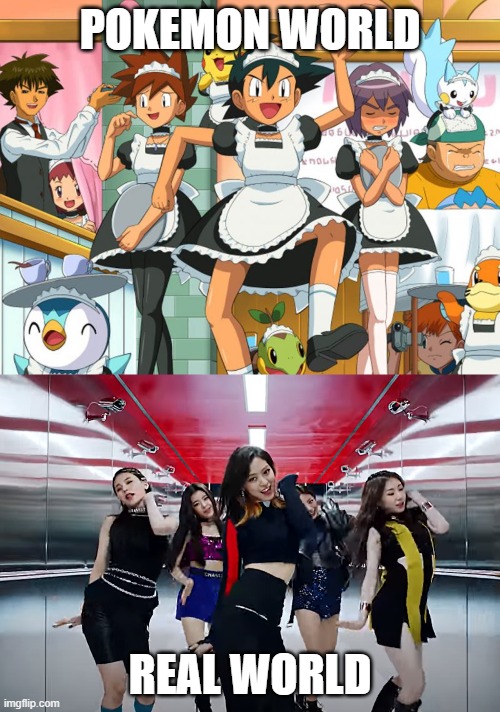 Pokémon World vs. the Real World V | POKEMON WORLD; REAL WORLD | image tagged in too much pokemon go,memes,kpop,comparison | made w/ Imgflip meme maker