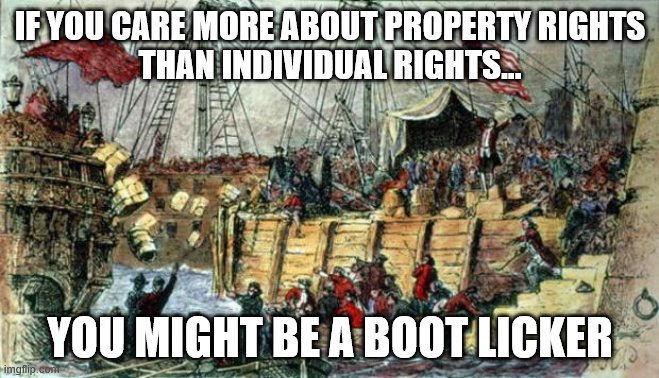 Bootlickers 1 | IF YOU CARE MORE ABOUT PROPERTY RIGHTS
THAN INDIVIDUAL RIGHTS... YOU MIGHT BE A BOOT LICKER | image tagged in boston tea party | made w/ Imgflip meme maker
