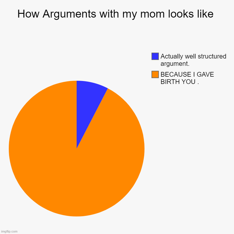 How Arguments with my mom looks like | BECAUSE I GAVE BIRTH YOU ., Actually well structured argument. | image tagged in charts,pie charts | made w/ Imgflip chart maker