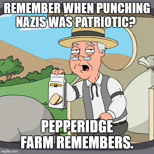 Punching Nazis | REMEMBER WHEN PUNCHING NAZIS WAS PATRIOTIC? PEPPERIDGE FARM REMEMBERS. | image tagged in pepperidge farm remembers,nazi,nazis,punch | made w/ Imgflip meme maker