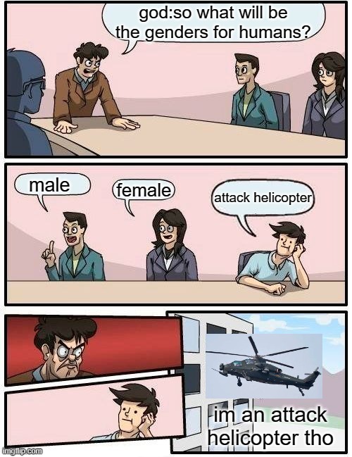 Boardroom Meeting Suggestion | god:so what will be the genders for humans? male; female; attack helicopter; im an attack helicopter tho | image tagged in memes,boardroom meeting suggestion | made w/ Imgflip meme maker