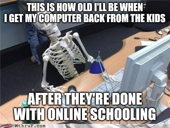 Waiting skeleton | THIS IS HOW OLD I'LL BE WHEN I GET MY COMPUTER BACK FROM THE KIDS; AFTER THEY'RE DONE WITH ONLINE SCHOOLING | image tagged in waiting skeleton | made w/ Imgflip meme maker