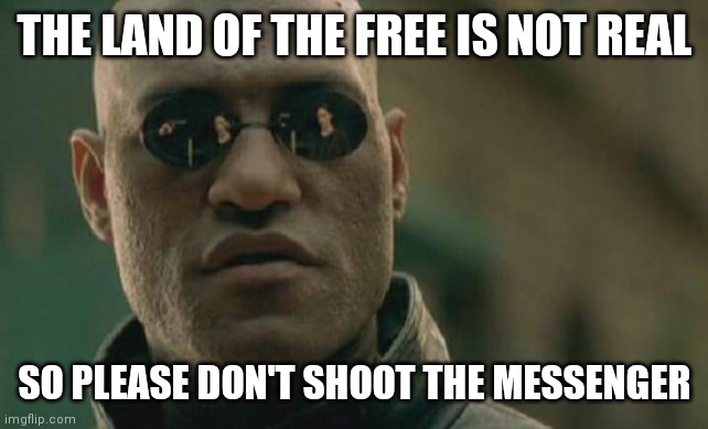 Matrix Morpheus | THE LAND OF THE FREE IS NOT REAL; SO PLEASE DON'T SHOOT THE MESSENGER | image tagged in memes,matrix morpheus,usa,shoot,freedom,donald trump | made w/ Imgflip meme maker