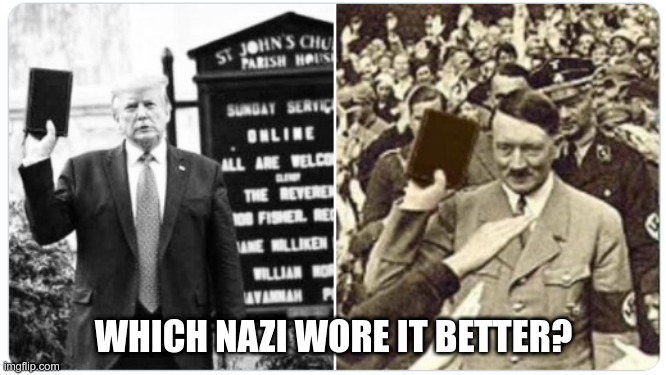 Which Nazi wore it better? | WHICH NAZI WORE IT BETTER? | image tagged in trump,hitler,hypocrites,christians | made w/ Imgflip meme maker