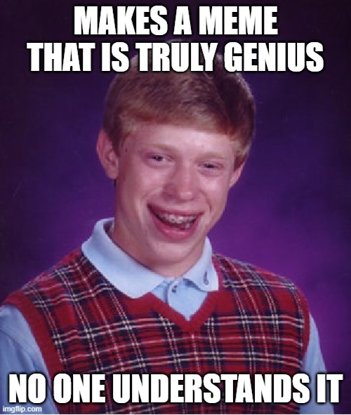 I know that feel bro | MAKES A MEME THAT IS TRULY GENIUS; NO ONE UNDERSTANDS IT | image tagged in memes,bad luck brian | made w/ Imgflip meme maker