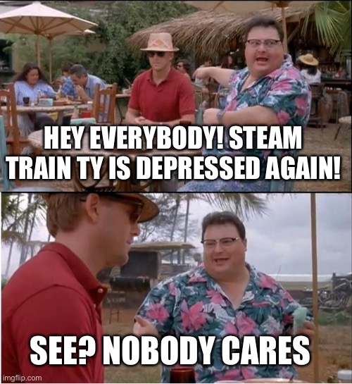 See Nobody Cares | HEY EVERYBODY! STEAM TRAIN TY IS DEPRESSED AGAIN! SEE? NOBODY CARES | image tagged in memes,see nobody cares | made w/ Imgflip meme maker